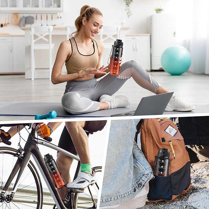 GOSWAG Water Bottles, 32 oz Motivational Sports Water Bottle with Straw and Time Marker to Remind You to Drink, Comes with Carry Strap, Leakproof