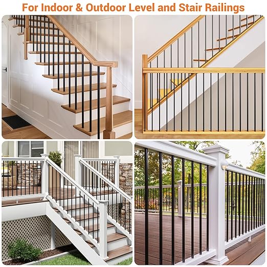 60 Pack 29-Inch Aluminum Deck Balusters, 3/4" OD Hollow Round Deck Spindle with Drill Bit, Metal Black Porch Picket for Deck Railing Fencing Outdoor Indoor Staircase