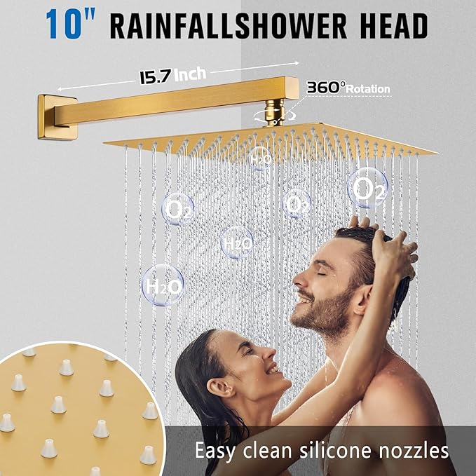 10 Inch Rainfall Shower Faucet Single Function Shower Trim Kit with Rough-in Valve Shower Set Square Stainless Steel Metal Touch-Clean Shower Head Brushed Gold