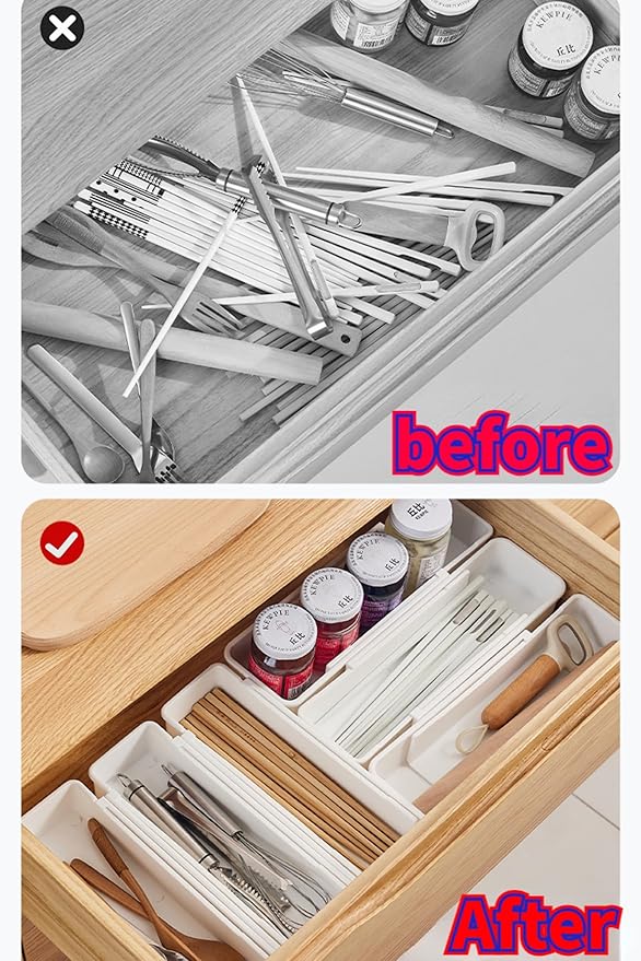 Drawer Organizers Set,Expandable Drawer Organizer Trays,Drawer Organizer Bins for Bedroom,Bathroom, Kitchen, Office (White,4pack)