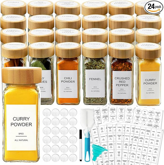 AISIPRIN Glass Spice Jars with 398 Labels, 24 pcs 4oz Spice Containers with Bamboo Lids, Square Spice Bottles With Shaker Lids,Spice Organization for Cabinet,Drawer,Rack,Seasoning Organizer