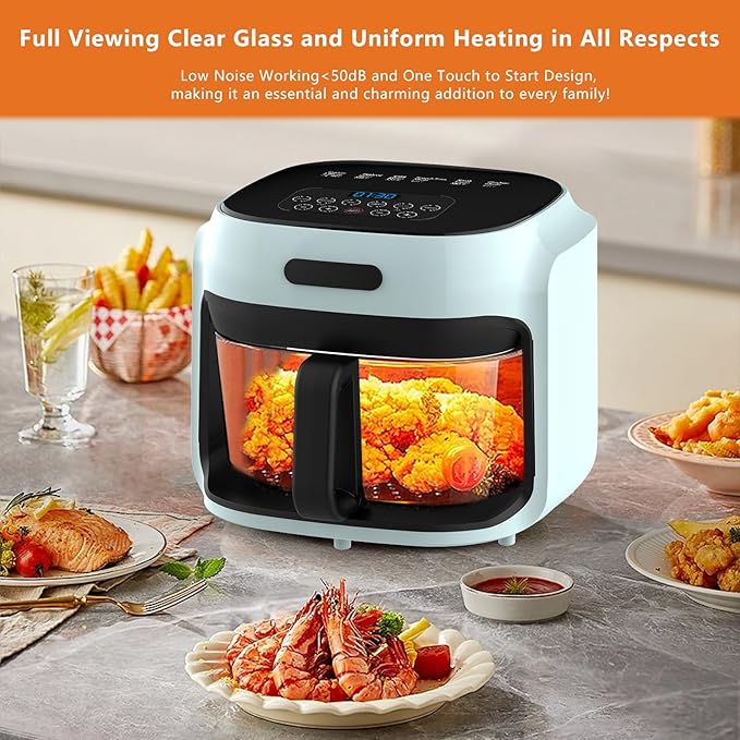 Glass Air Fryer, 7.6QT with Transparent Fry Bowl, Circulating Heating, Temperature Control, Air Fryer Roast, Dishwasher Safe (Green)