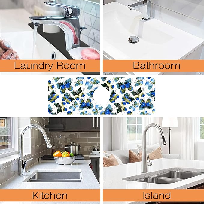 Kitchen Faucet Mat Colorful Butterfly Animals Kitchen Sink Splash Guard Faucet Mat,1 PC Splash Guard Behind Faucet Drip Catcher for Kitchen,Dish Drying Mat,Bathroom Faucet Mat 15.5""X5.5""