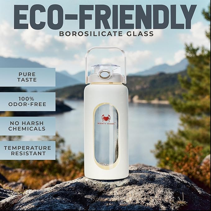 Leakproof 64oz glass water bottle with Time Markers - White Large Water Bottle with Measurements - Pregnancy Water Bottle Tracker - Half Gallon Water Bottle with Straw, 2 liter Water Bottle Glass