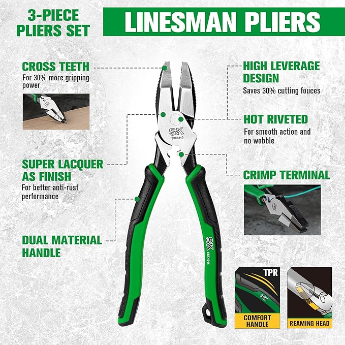 SK 3-Piece Pliers Set, 9.5-Inch Linesman, 8-Inch Diagonal & Needle Nose Pliers, Premium CR-V Construction, Ergonomic Anti-slip Handle, with Rolling Pouch