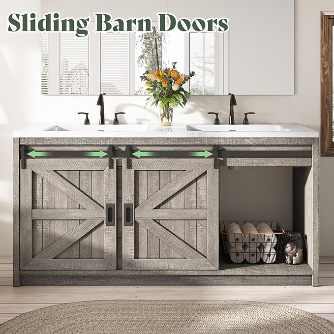 60" Farmhouse Bathroom Double Vanity Sliding Barn Door with Sink Combo, Bathroom Vanity Cabinet with Drawers & Metal Handles, Freestanding, Gray
