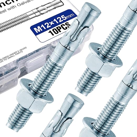 10Pcs M12×125mm Wedge Anchor Bolt, Carbon Steel Zinc Plated, Concrete Anchor Screws Kit, Anti-Rust Metric Expansion Bolts