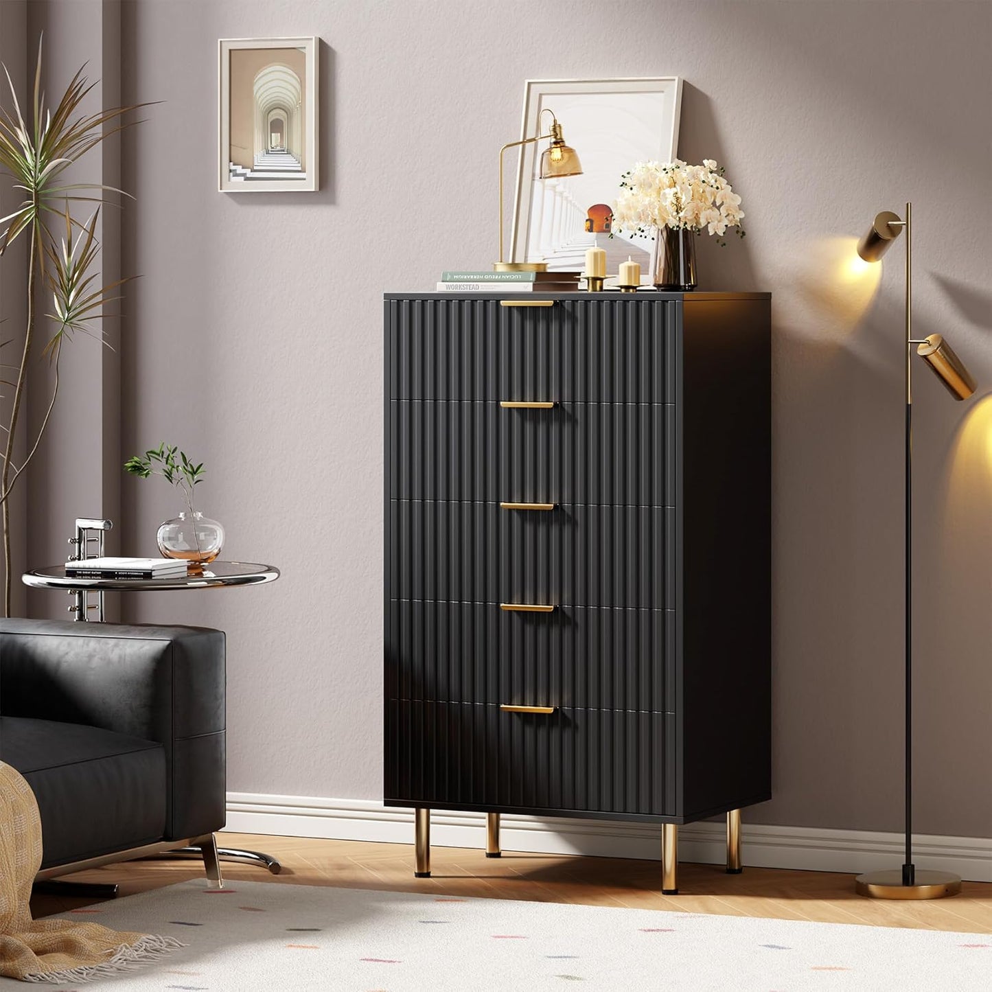 5 Drawer Dresser for Bedroom, 47.2" Tall Modern Chest of Drawers with Deep Drawers and Wide Top, Fluted Wooden Dresser Organizer for Living Room, Hallway, Kids Room, Black