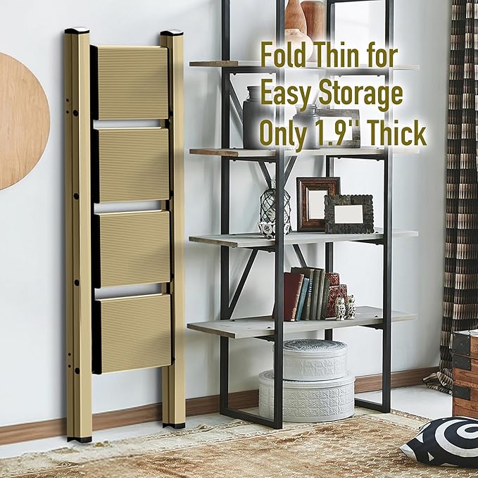 4 Step Ladder,Aluminum Folding Step Ladder for Adults,Step Ladder with Wide Anti-Slip Pedal,330 lbs Capacity for Home,Office,Kitchen,Library(Gold)