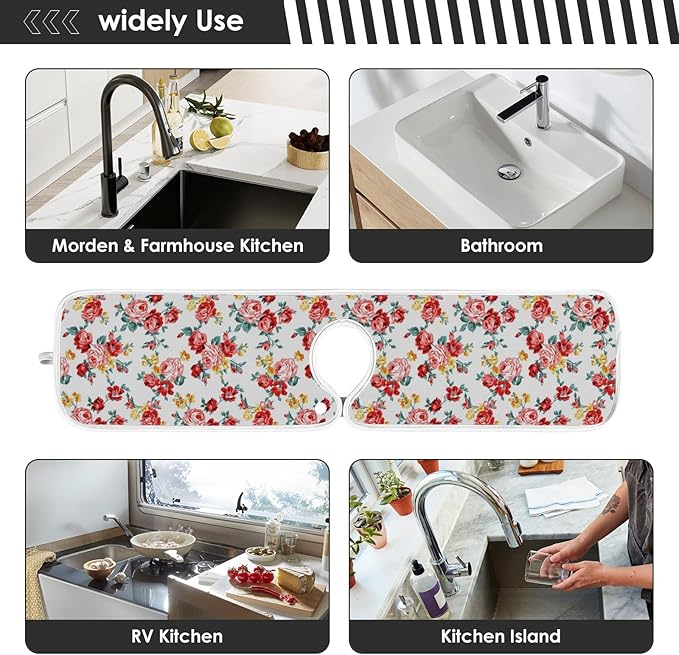 Kitchen Faucet Absorbent Mat,Rose Floral Flower Water Splash Guard for Sink, Faucet Drip Catcher Thicken Sponge Microfiber Faucet Water Catcher Mat Sink Absorbent Mat for Kitchen 30x5in 2Pack