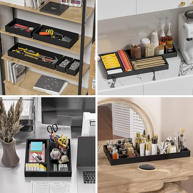 Bamboo Drawer Organizer, Cutlery Silverware Organizer for Kitchen Drawer, Stackable Utensil Organizer, 2 Pcs Flatware Organizer, Wooden Storage Box Tray (Black, 12 X 6 X 2 Inch)