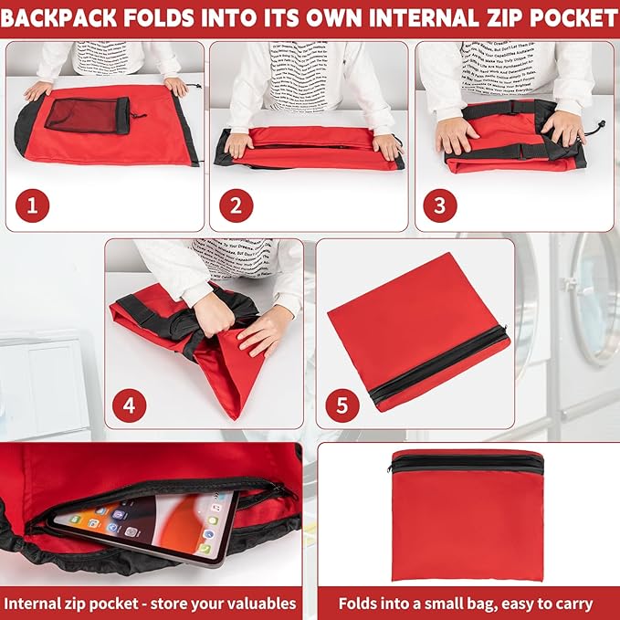 Laundry Bag Backpack with Shoulder Straps and Mesh Pocket Foldable Laundry Hamper for College, Apartment, Laundromat (Red)