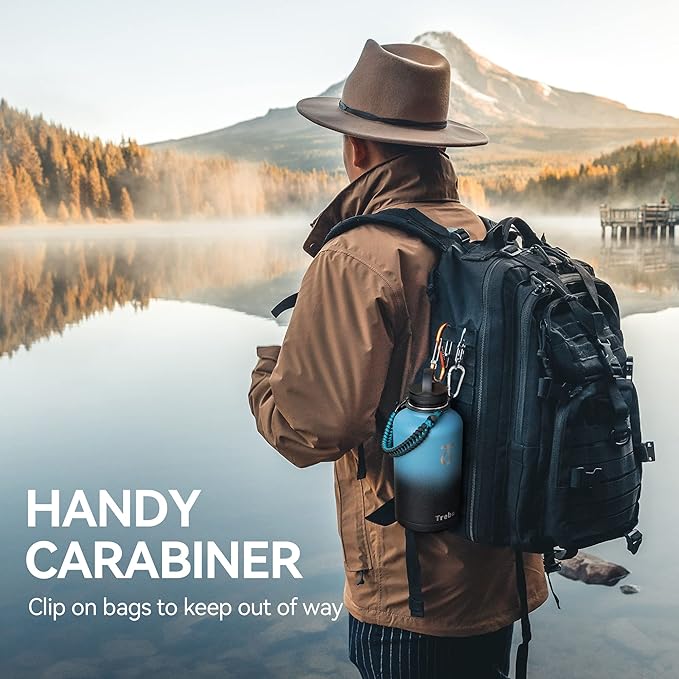 Trebo Water Bottle 64oz with Paracord Handle, Half Gallon Food-grade Double Wall Vacuum Stainless Steel Insulated Jug with Holder Strap Straw Spout Handle Lids, Leakproof Keep Cold & Hot, Indigo/Black