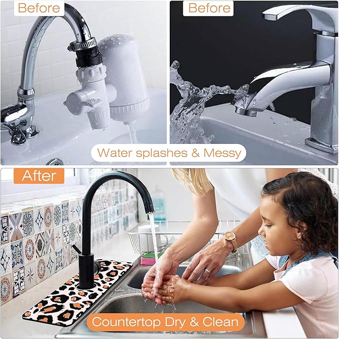 Kitchen Sink Splash Guard Faucet Mat Leopard Rosettes Sink Splash Guard Behind Faucet,1 PC Soft Diatom Mud Non-Slip Mat -for Kitchen,Sink Mat,Dish Drying Mat,Bathroom Faucet Mat 15.5"X5.5"