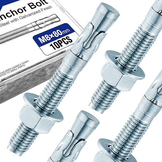 10Pcs M8×80mm Wedge Anchor Bolt, Carbon Steel Zinc Plated, Concrete Anchor Screws Kit, Anti-Rust Metric Expansion Bolts