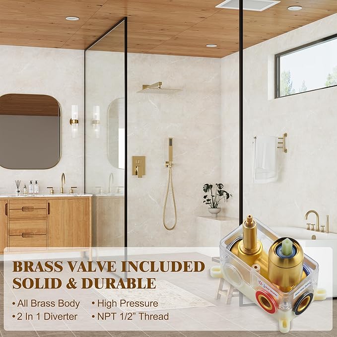 Alesco Shower System, Gold Shower Faucet Set with 10-Inch High-Pressure Rainfall Showerheads and Handheld Spray combo, Showerfixture Include Valve and Trim Kit, Brushed Gold