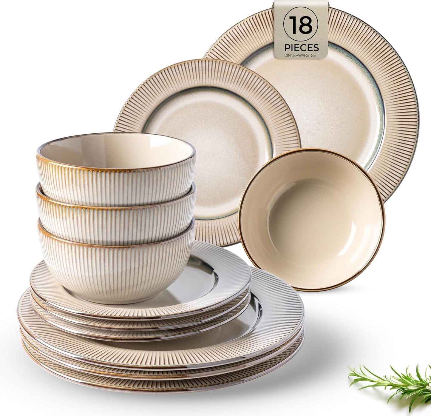GBHOME Ceramic Dinnerware Sets, 18 Piece Embossed Elegant Stoneware Plates and Bowls Sets, Housewarming Wedding Gift | Dishwasher & Microwave Safe | Dishes Set Service for 6
