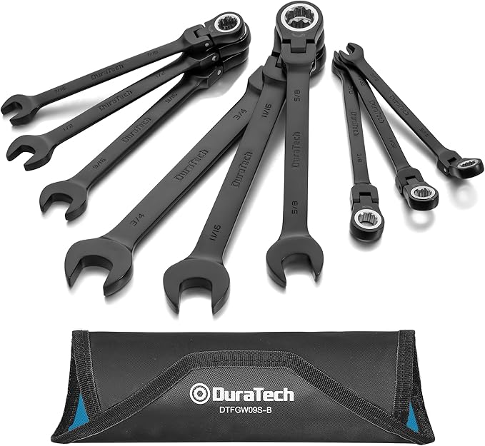 DURATECH 9-Piece Flex-Head Ratcheting Wrench Set, Combination Wrench Set, 72 Tooth, SAE, 5/16'' to 3/4'', Black Electrophoretic Coating, CR-V Steel, with Rolling Pouch