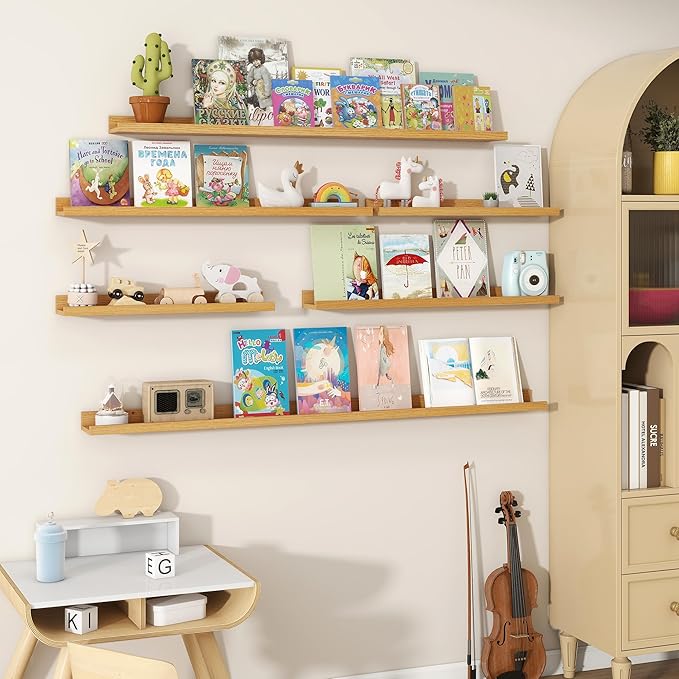 Fun Memories Picture Ledge Shelves Set of 2, 24 Inch Rustic Wall Mounted Floating Shelves with Lip for Home Storage and Décor in Bathroom, Kitchen, Nursery, Bedroom, Living Room, Oak