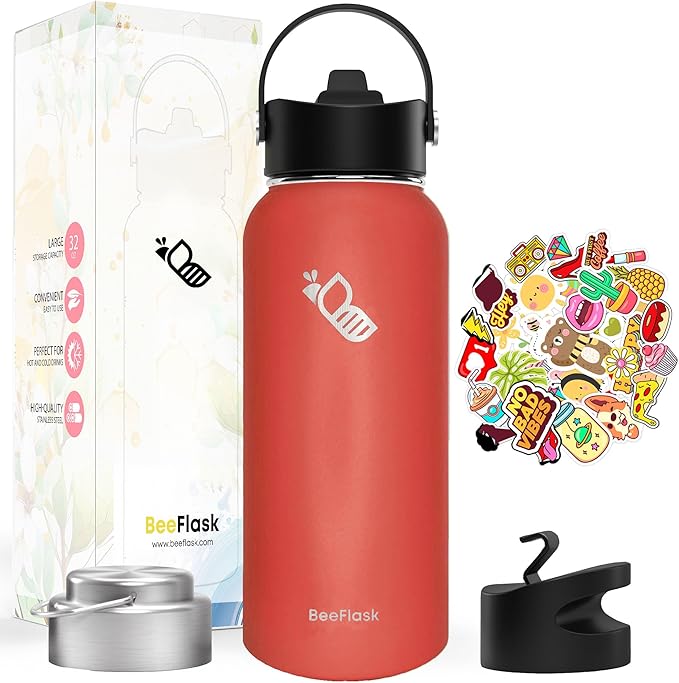Sports Water Bottle - 32 Oz, 3 Lids (With straw), 50 Cute Stickers, Vacuum Insulated, 308 Stainless Steel, with a Portion of Sales Supporting Bee Conservation Efforts (Watermelon)