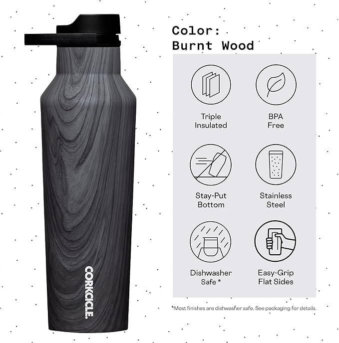 Corkcicle Sport Canteen Insulated Tumbler, Burnt Wood, 20 oz – Reusable Water Bottle Keeps Beverages Cold for 25 Hours & Hot 12 Hours – Cupholder Friendly Tumbler with Screw-On Cap