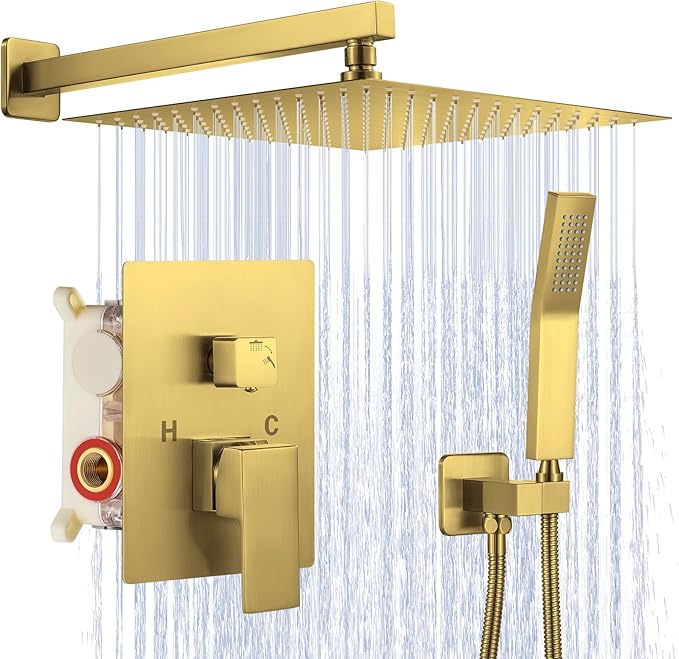 JOMEOO® 12 Inch Brushed Gold Shower System, Wall Mounted High Pressure Rain Shower Head with Handheld Sprayer, Bathroom Luxury Gold Shower Head Shower Faucet Set Rough in Valve Body and Trim