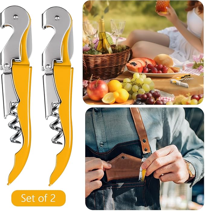HYZ 2-Pack Wine Opener Waiter Corkscrew, Professional Wine Key for Servers, Bartender with Foil Cutter, Manual Wine Bottle Opener Double Hinged (Yellow)