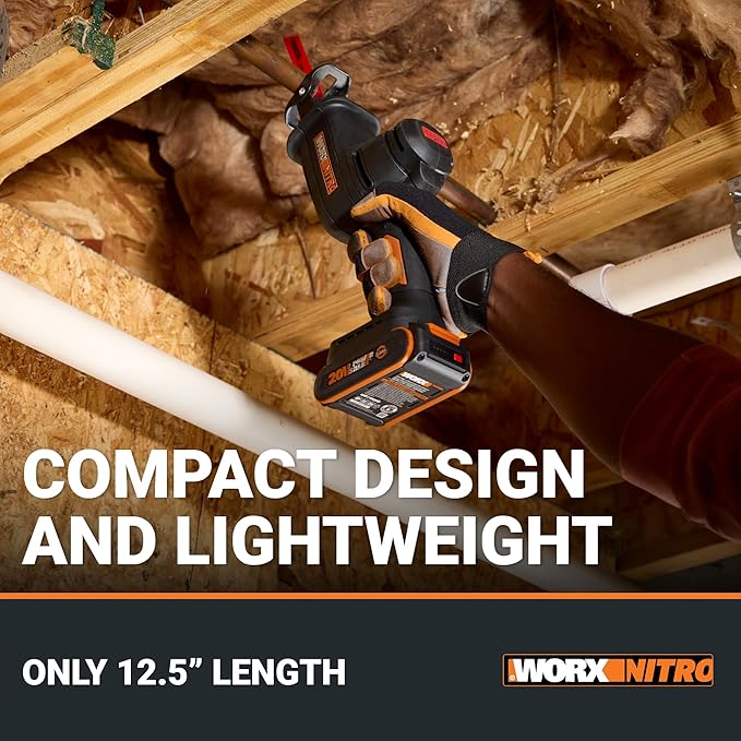 WORX 20V Compact Electric Cordless Reciprocating Saw, 1” Stroke Length, Brushless Motor for 50% Longer Runtime, Lightweight Design for One-handed Operation –Tool Only WX501L.9