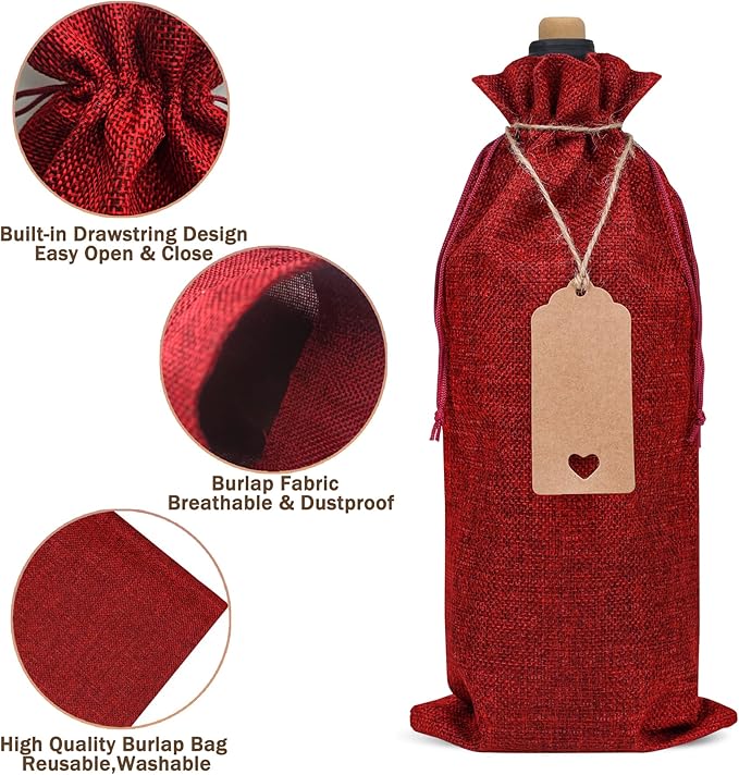 EVRWO Burlap Wine Bags 12 Pcs Wine Bottle Gift Bags Reusable Gift Bags With Drawstrings Tags & Ropes for Holiday Weedings Party, Birthdays, Travel, Blind Tastings, Home Storage 750ml