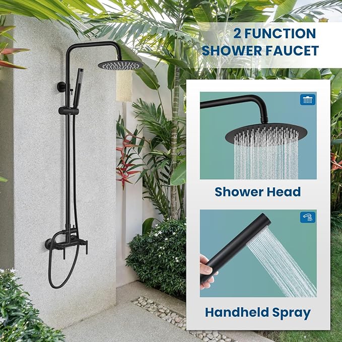 gotonovo Outdoor Shower Fixtures SUS304 Stainless Steel Rain Shower Kit Faucet High Pressure Wall Mount 2 Dual Function 8 Inch Showerhead and Handheld Spray Combo, Double Lever Handle, Matte Black