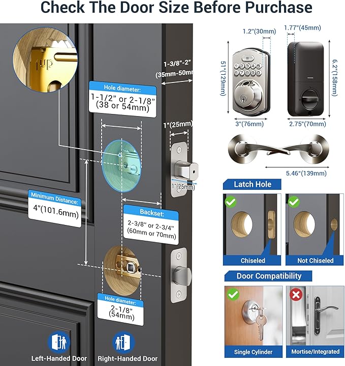 Veise Fingerprint Door Lock with 2 Lever Handles - Keyless Entry Door Lock, Electronic Keypad Deadbolt, Digital Smart Code & Front Handle Sets, Auto-Locking, Easy Installation, Satin Nickel