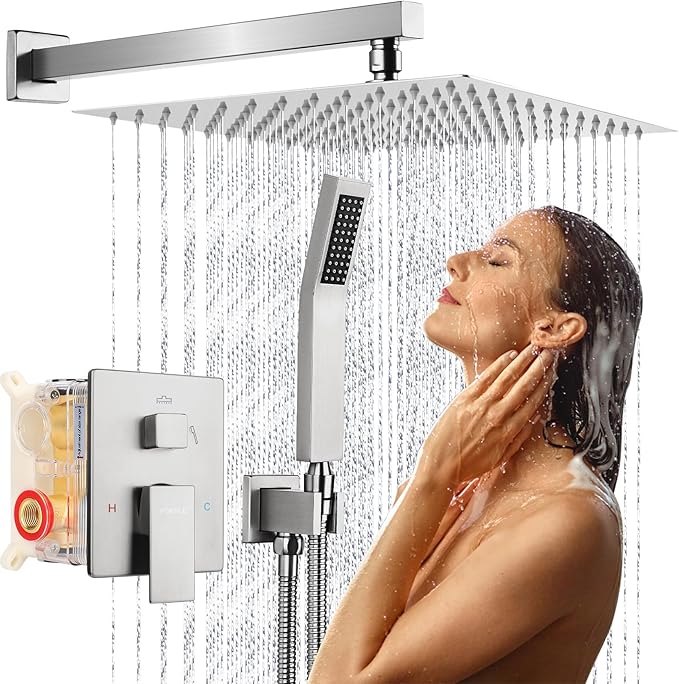12 Inch Rainfall Shower System - Wall Mounted Complete Combo with Solid Brass Pressure Balancing Valve, High Pressure Shower Head, Handle Set & Installation Accessories Nickel