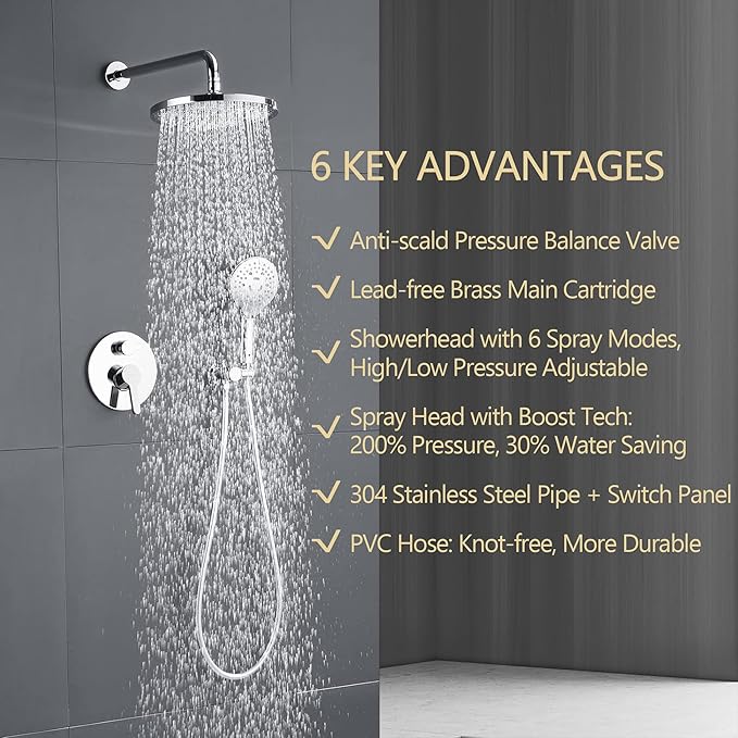 Brushed Nickel Shower Faucet Set, Wall Mount Rain Shower System 10 Inches Shower Head and Shower Handheld, Included Rough-in Valve and Trim Kit