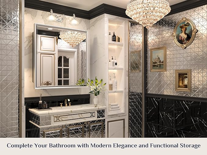 Keonjinn 30 x 32 Inch Silver Bathroom Medicine Cabinets with Mirror Aluminum Alloy Frame with Beveled Edges Recessed or Surface Wall-Mounted Metal Framed Medicine Cabinet for Bathroom Vanity