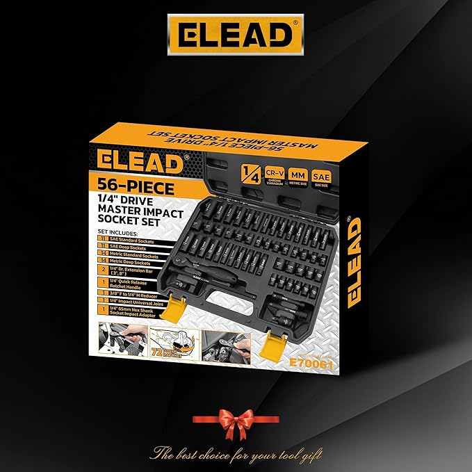 ELEAD 1/4" Drive Impact Socket Set, 56-Piece Standard SAE (5/32 to 9/16 inch) and Metric (4-15mm) Size, Deep & Shallow, 6 Point, Cr-V, 72-Tooth Ratchet Handle, Extension Bar, Universal Joint