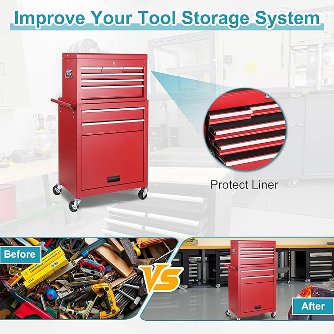 Tool Chest 8 Drawers Garage Storage Cabinet 2 in 1 Steel Frame Tool Chest with Wheels, Liner, Detachable Top, Lockable Wheels and Side Hooks for Garage, Red