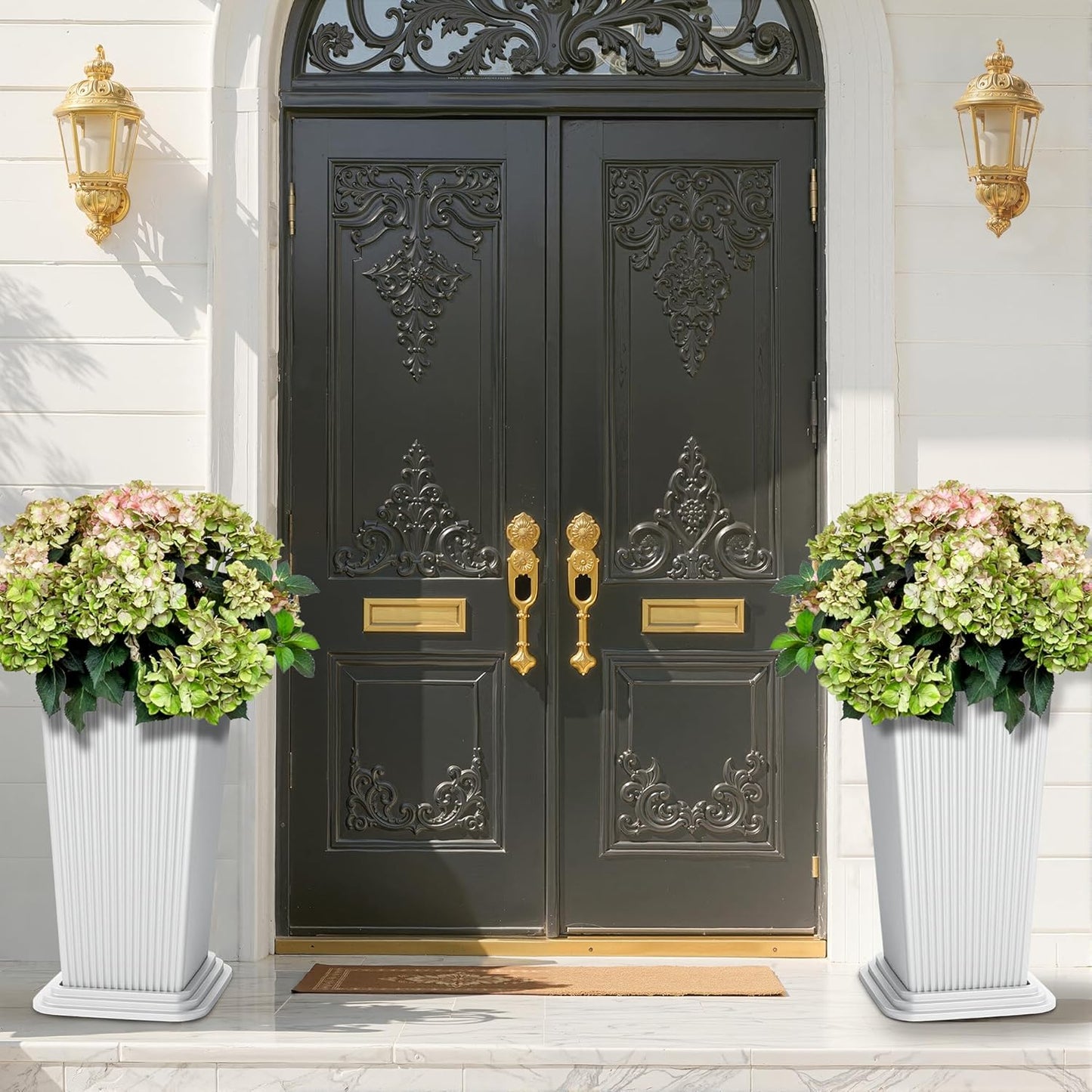 FENCY Set of 2 Tall Planters for Outdoor Plants, 24 Inch Large Tapered Pots with Drainage Trays, Weather-Resistant Plastic Plant Containers for Patio, Porch, Garden, Front Door Decor,White, Striped