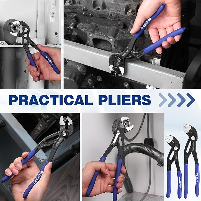 WORKPRO 7" & 10" Groove Joint Pliers Set, Upgraded Wide Opening Slip Joint Pliers Set, V-Jaw Quick Adjustable Plier, CR-V Steel, Dual Serrated, Water Pump Plier for Home & Industrial Repair, Soft Grip