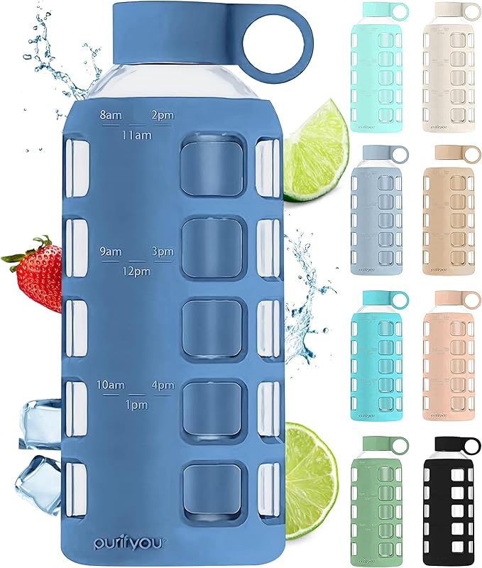 purifyou Premium 40/32 / 22/12 oz Glass Water Bottles with Volume & Times to Drink, Silicone Sleeve & Stainless Steel Lid Insert, Reusable Bottle for Fridge Water, Juice (22oz Chinese Porcelain)