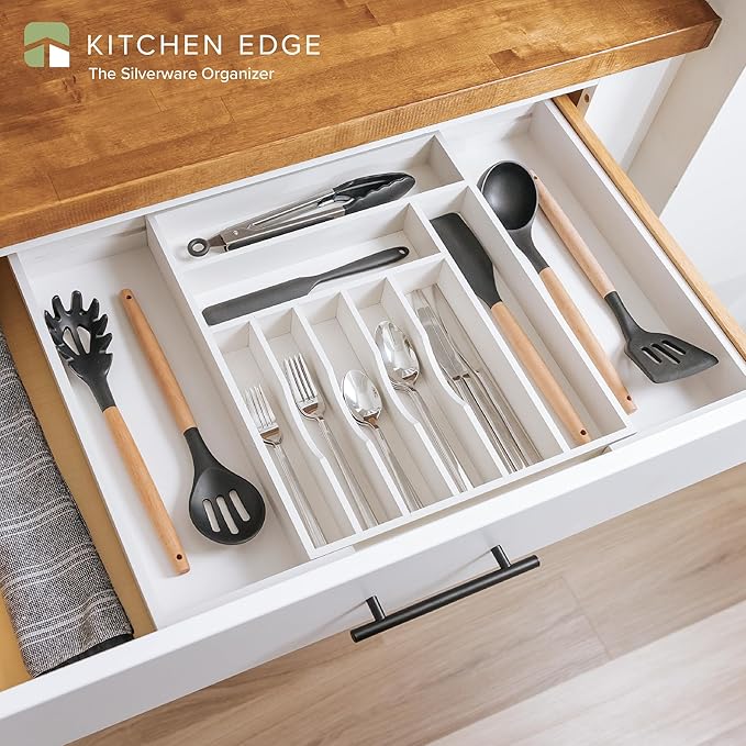 KitchenEdge Premium Silverware, Flatware and Utensil Organizer for Kitchen Drawers, Food-Safe Contract Grade, Expandable from 14.5 to 25 In, White Bamboo