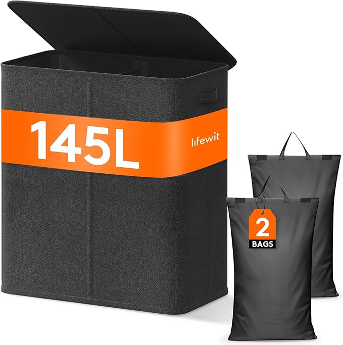 Lifewit Double Laundry Hamper with Lid and Removable Laundry Bags, Large Collapsible 3 Dividers Dirty Clothes Basket with Handles for Bedroom, Laundry Room, Closet, Bathroom, College, 145L Dark Gray