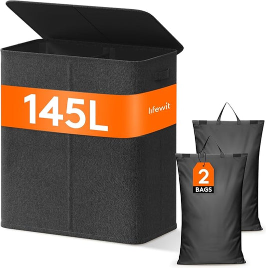 Lifewit Double Laundry Hamper with Lid and Removable Laundry Bags, Large Collapsible 3 Dividers Dirty Clothes Basket with Handles for Bedroom, Laundry Room, Closet, Bathroom, College, 145L Dark Gray