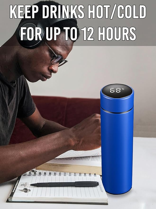 Water Bottle with LED Temperature Display Double Walled Vacuum Insulated Water Bottle Stainless Steel Automotive Travel Bottle BPA-free Leak Proof Keep Cold/Warm For 12H, Black, SMB0001