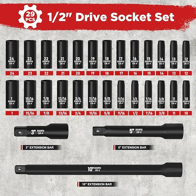 29 Pieces 1/2" Socket Set, Drive Deep Impact Socket Set with 3", 5", 10" Extension Bars, 6 Point SAE and Metric (3/8"-1", 10mm-24mm), Cr-V Steel