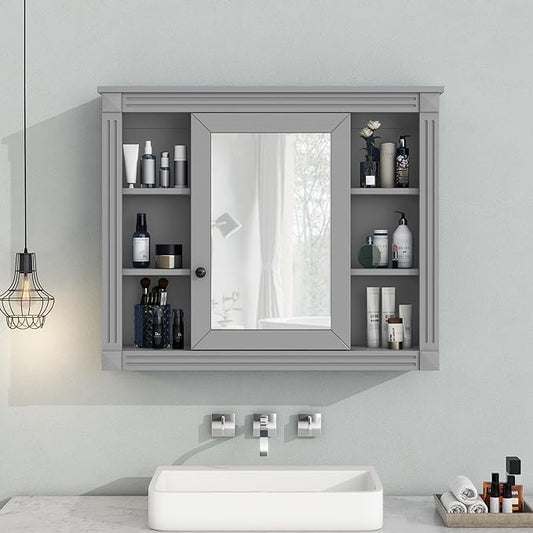 Merax Bathroom Medicine Cabinet with Mirror, Wall Mounted Over Toilet Storage Cabinet Organizer with Doors and Shelves for Bathroom Laundry Room (Mirror Cabinet Only, Gray)