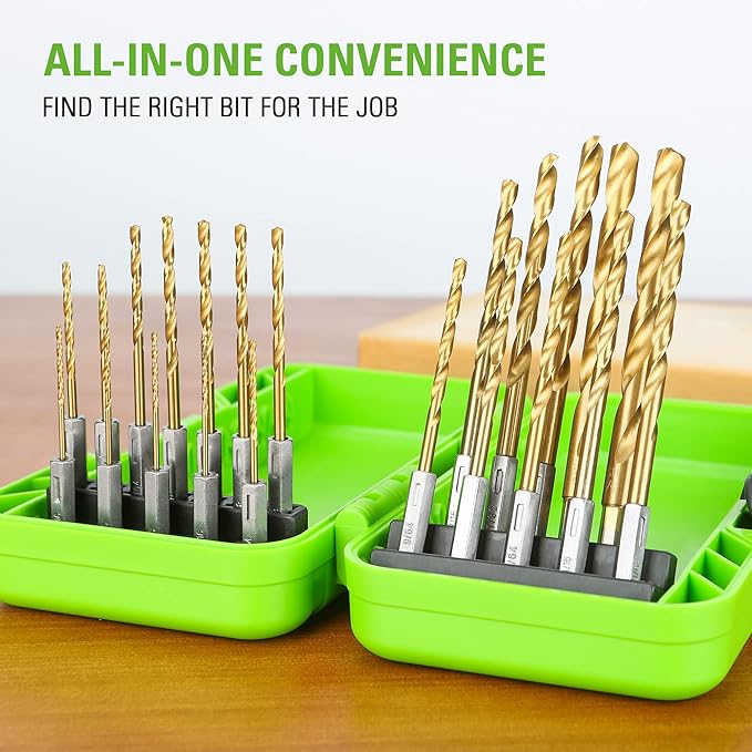 Greenworks 22 PC Titanium Twist Drill Bit Set, 135° Tip High Speed Steel, Ideal Drilling in Wood/Cast Iron/Aluminum Alloy/Plastic/Fiberglass