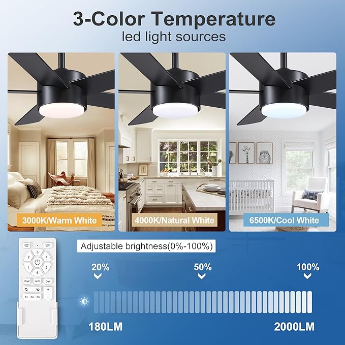 42 inch Black Ceiling Fan with Light Remote Control, LED Ceiling Fans with Lights, 3-Colors Dimmable, Reversible, Modern Ceiling Fan for Bedroom, Dining Room, Living Room