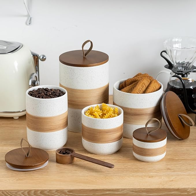 Ceramic Jar with Lid, Coffee Container Kitchen Food Storage Jars for Spice Sugar Tea Bag, Stackable Decorative Jars for Countertop, White & 18oz