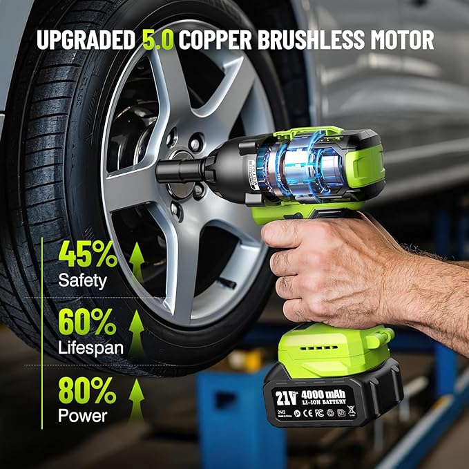 Cordless Impact Wrench, 885Ft-lbs (1200N.m) 1/2" Brushless Impact Gun, 21V High Torque Power Impact Driver, 2x4.0Ah Batteries Electric Impact Motor Variable Speeds for Car/Truck RV/Mower