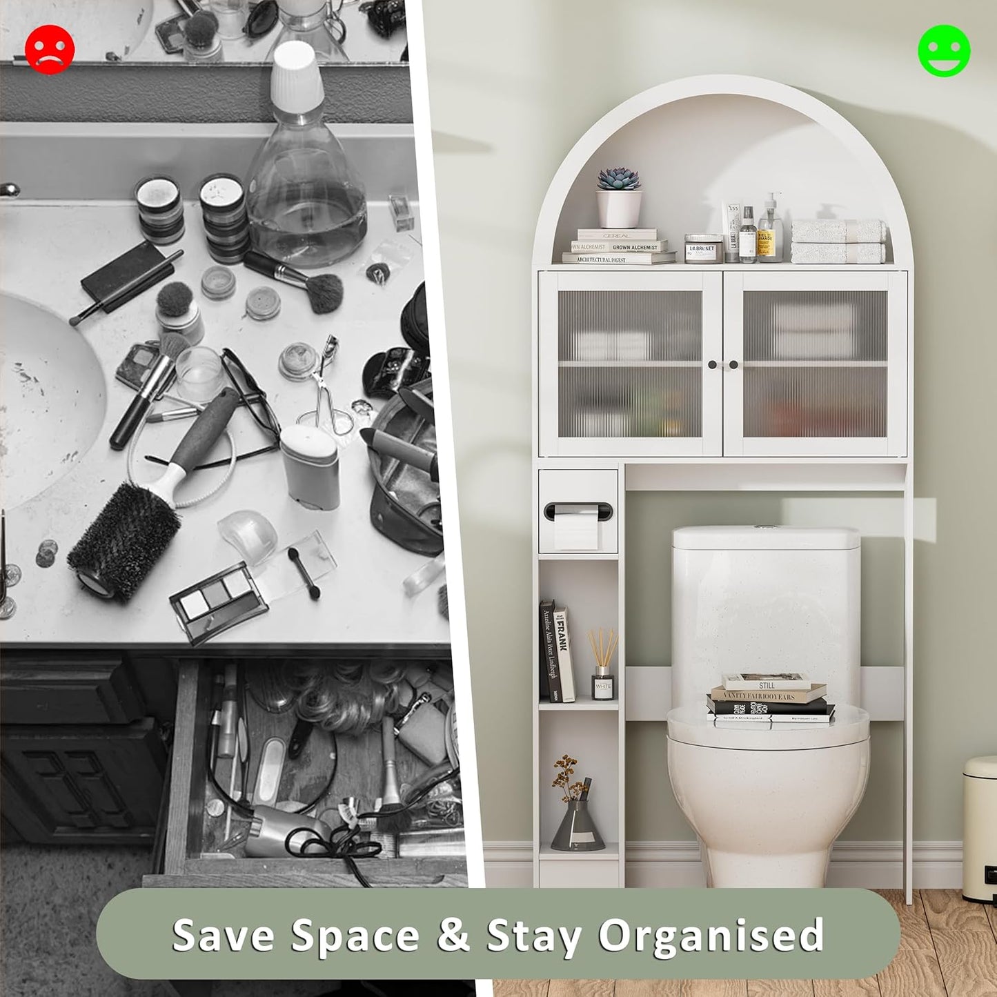 Over The Toilet Storage Cabinet, 31''W Arched Space-Saving Bathroom Organizer with Adjustable Shelf and Acrylic Doors, Freestanding Over Toilet Cabinet for Bathroom, Laundry, Restroom (White)